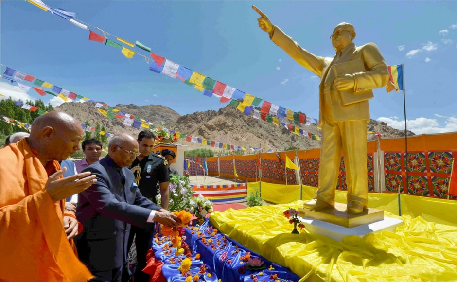 President Ram Nath Kovind pays homage to BR Ambedkar during a visit to Mahabodhi International Meditation Centre in Leh, Jammu and Kashmir on Monday. PTI/RB President Ram Nath Kovind pays homage to BR Ambedkar during a visit to Mahabodhi International Meditation Centre in Leh, Jammu and Kashmir on Monday. PTI/RB