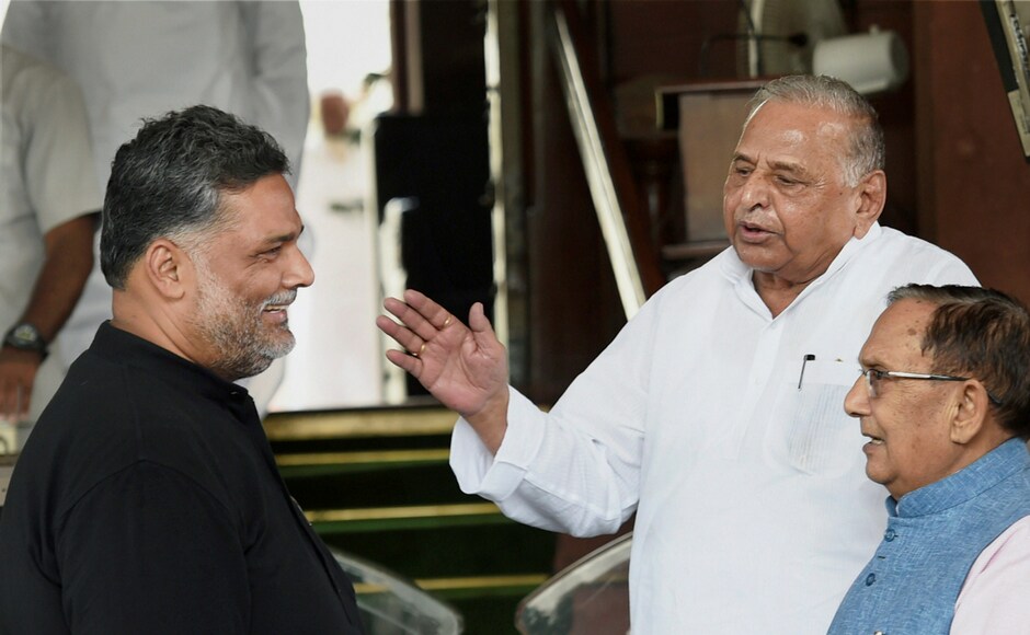 SP chief Mulayam Singh Yadav with Jan Adhikar Party chief and MP Rajesh Ranjan alias Pappu Yadav during the ongoing monsoon session of Parliament, in New Delhi on Thursday. PTI SP chief Mulayam Singh Yadav with Jan Adhikar Party chief and MP Rajesh Ranjan alias Pappu Yadav during the ongoing monsoon session of Parliament, in New Delhi on Thursday. PTI