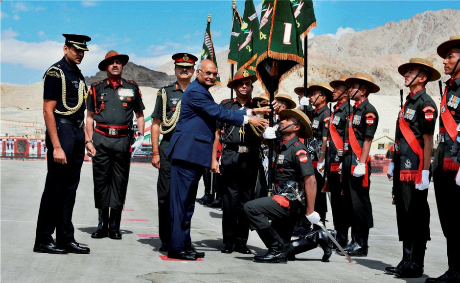 President Ram Nath Kovind at the presentation of the President's Colours to the Ladakh Scouts Regimental Centre and all five battalions of the Regiment, at Leh in Ladakh on Monday. PTI President Ram Nath Kovind at the presentation of the President's Colours to the Ladakh Scouts Regimental Centre and all five battalions of the Regiment, at Leh in Ladakh on Monday. PTI