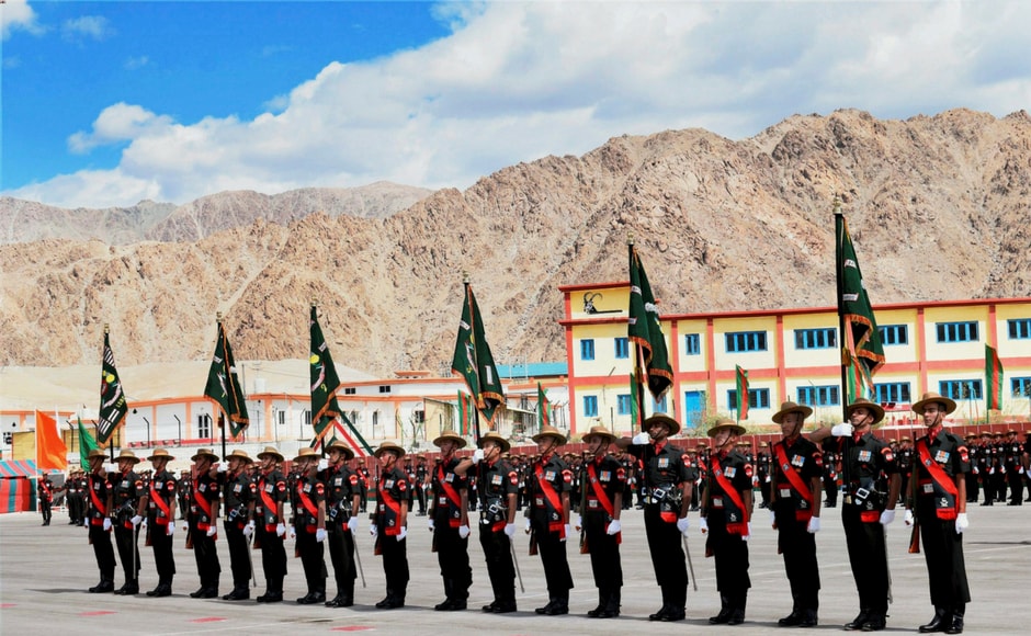 Army personnel during a ceremonial parade at the presentation of the President's Colours to the Ladakh Scouts Regimental Centre and all five battalions of the Regiment, at Leh in Ladakh on Monday. PTI Army personnel during a ceremonial parade at the presentation of the President's Colours to the Ladakh Scouts Regimental Centre and all five battalions of the Regiment, at Leh in Ladakh on Monday. PTI