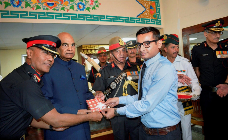 President Ram Nath Kovind confers the President's Colours to the Ladakh Scouts Regimental Centre and all five battalions of the Regiment, at Leh in Ladakh on Monday. PTI President Ram Nath Kovind confers the President's Colours to the Ladakh Scouts Regimental Centre and all five battalions of the Regiment, at Leh in Ladakh on Monday. PTI