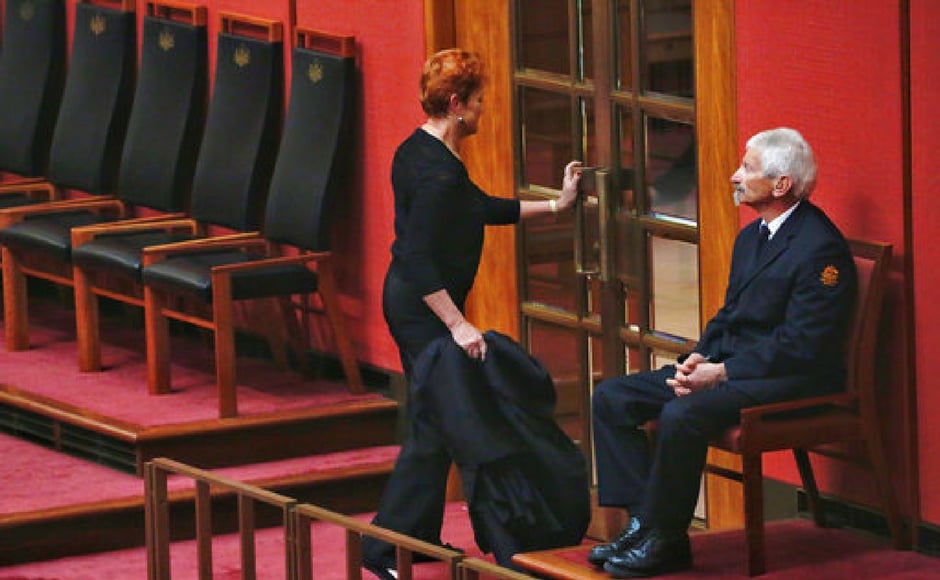 Senator Pauline Hanson, left, leaves carrying the burqa she wore in the Senate chamber on Thursday. Parliament House briefly segregated women wearing burqas and niqabs in 2014. The department that runs Parliament House said that Senator Pauline Hanson, left, leaves carrying the burqa she wore in the Senate chamber on Thursday. Parliament House briefly segregated women wearing burqas and niqabs in 2014. The department that runs Parliament House said that