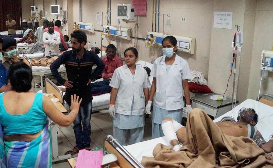 Injured people are attended to at a hospital in Meerut on Saturday. The Indian Red Cross Society sent 100 units of blood to the Meerut Medical College Hospital near Khatauli, where most of the injured are being treated. PTI Injured people are attended to at a hospital in Meerut on Saturday. The Indian Red Cross Society sent 100 units of blood to the Meerut Medical College Hospital near Khatauli, where most of the injured are being treated. PTI