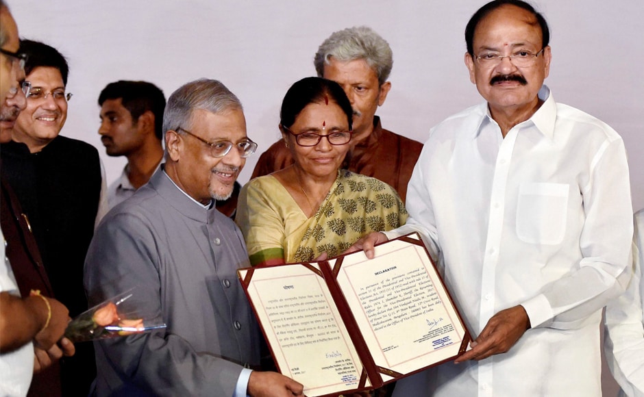 Shemsher Sharif (L), the Rajya Sabha Secretary General and Returning Officer for the election of the vice-president presents the victory certificate to Venkaiah Naidu. The BJP veteran secured 516 votes while Gandhi got 244 votes. Of the 771 votes polled, 11 votes were declared invalid. PTI Shemsher Sharif (L), the Rajya Sabha Secretary General and Returning Officer for the election of the vice-president presents the victory certificate to Venkaiah Naidu. The BJP veteran secured 516 votes while Gandhi got 244 votes. Of the 771 votes polled, 11 votes were declared invalid. PTI