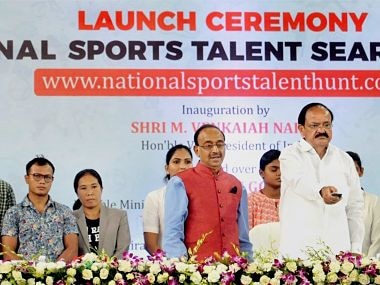 Vice President M Venkaiah Naidu and Union Minister Vijay Goel launch the National Sports Talent Search Portal - an initiative of the Union Ministry of Youth Affairs and Sports - in New Delhi. PTI