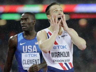 Norway's Karsten Warholm reacts at the finish line after wining the men's 400 meters hurdles final at the World Athletics Championships in London. AP