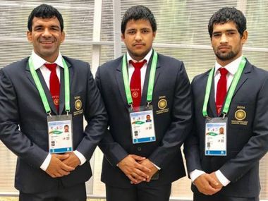 Freestyle wrestling winners Virender Singh (74kg, Gold), Ajay Kumar (65kg, Bronze) and Sumit Dahiya (97kg, Bronze). Image Courtesy: Twitter/@Media_SAI
