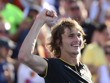 Alexander Zverev, of Germany, celebrates his win over Roger Federer, of Switzerland, in the final of the Rogers Cup tennis tournament, Sunday, Aug. 13, 2017, in Montreal. (Paul Chiasson/The Canadian Press via AP)