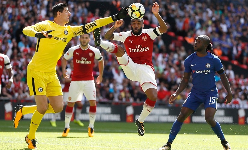 Arsenal new boys Alexandre Lacazette and Sead Kolasinac in action against Chelsea during last weekend's Community Shield match. AP