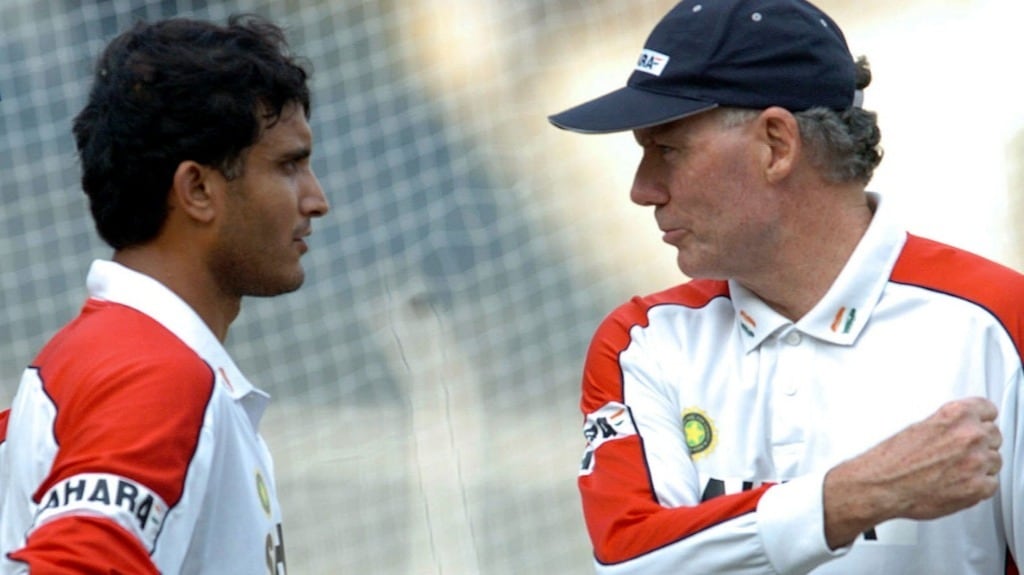 The then Indian cricket coach Greg Chappell (R) talks to Sourav Ganguly during a practice session at the MA Chidambaram Stadium in Chennai in November 2005. AFP