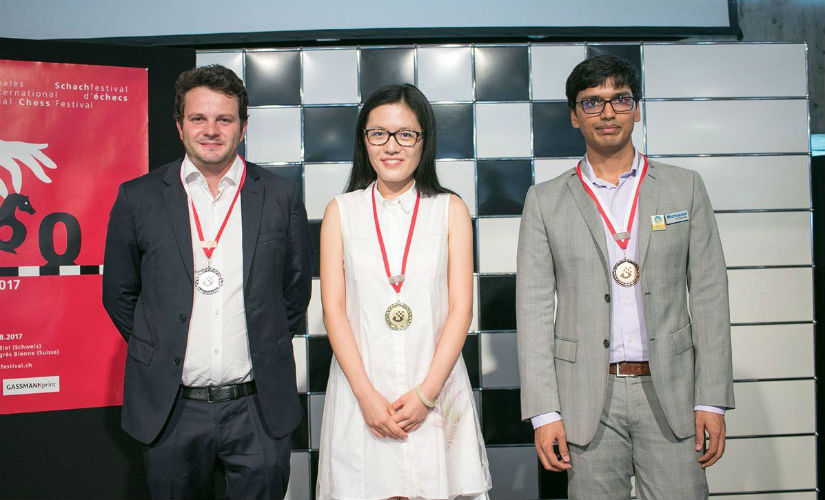 Etienne Bacrot, Hou Yifan and Pentala Harikrishna (Left-right) at the podium. (Image courtesy: Official website of Biel Chess Festival)
