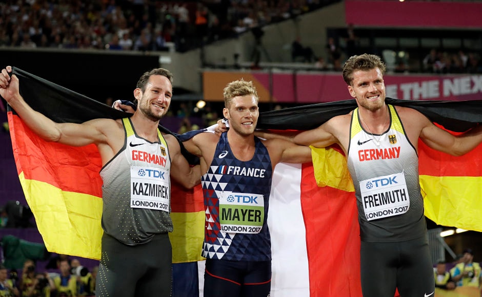 Meanwhile France's Kevin Mayer (Centre) won his maiden decathlon world title with a world leader tally of 8768 points. Kai Kazmirek(L) and Rico Freimuth(R) gave Germany both the bronze and silver medals. AP Meanwhile France's Kevin Mayer (Centre) won his maiden decathlon world title with a world leader tally of 8768 points. Kai Kazmirek(L) and Rico Freimuth(R) gave Germany both the bronze and silver medals. AP