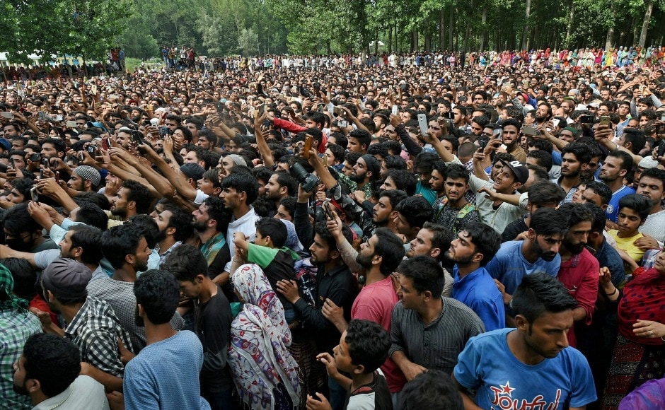 At Lilahar town in Pulwama, villagers were seen shouting slogans during funeral prayers for Arif Nabi Dar. PTI At Lilahar town in Pulwama, villagers were seen shouting slogans during funeral prayers for Arif Nabi Dar. PTI