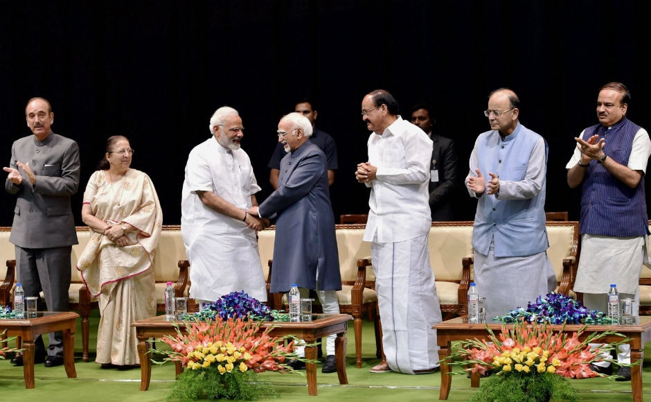 Outgoing Vice-President Hamid Ansari was on Thursday accorded a warm farewell by leaders from across the political spectrum, at GMC Balayogi Auditorium at Parliament in New Delhi. PTI Outgoing Vice-President Hamid Ansari was on Thursday accorded a warm farewell by leaders from across the political spectrum, at GMC Balayogi Auditorium at Parliament in New Delhi. PTI