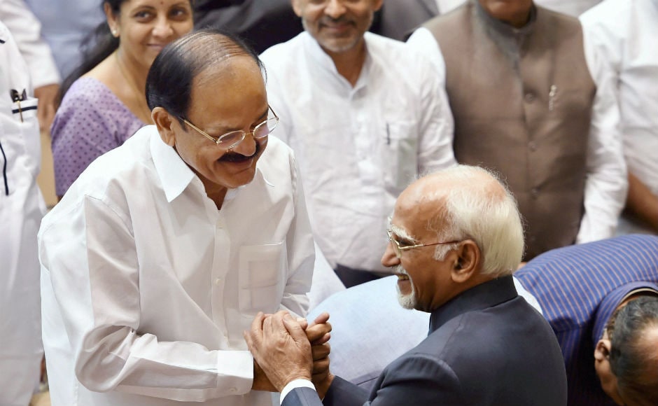 Prime Minister Narendra Modi and his Cabinet colleagues, Speaker Sumitra Mahajan, former prime minister Manmohan Singh, deputy speaker M Thambidurai and vice-president elect Venkaiah Naidu were present for the farewell. PTI Prime Minister Narendra Modi and his Cabinet colleagues, Speaker Sumitra Mahajan, former prime minister Manmohan Singh, deputy speaker M Thambidurai and vice-president elect Venkaiah Naidu were present for the farewell. PTI