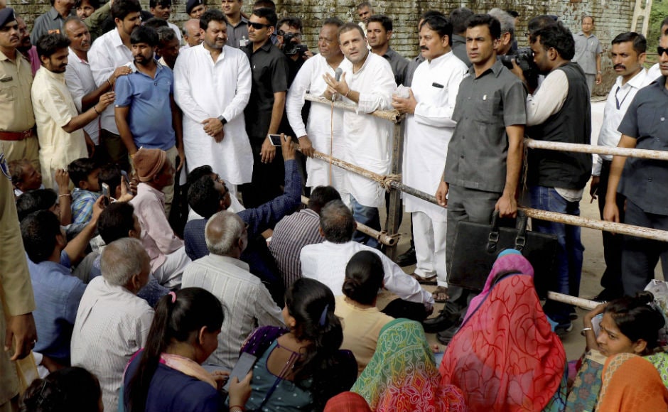 Gandhi also interacted with the party workers about the ongoing relief work being carried out by the party in the region. He was accompanied by party's Rajya Sabha nominee Ahmed Patel, state president Bharatsinh Solanki and party in-charge for Gujarat Ashok Gehlot. PTI Gandhi also interacted with the party workers about the ongoing relief work being carried out by the party in the region. He was accompanied by party's Rajya Sabha nominee Ahmed Patel, state president Bharatsinh Solanki and party in-charge for Gujarat Ashok Gehlot. PTI