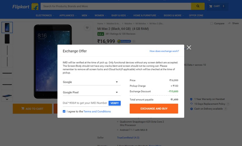 The Flipkart exchange window for the Mi Max 2.