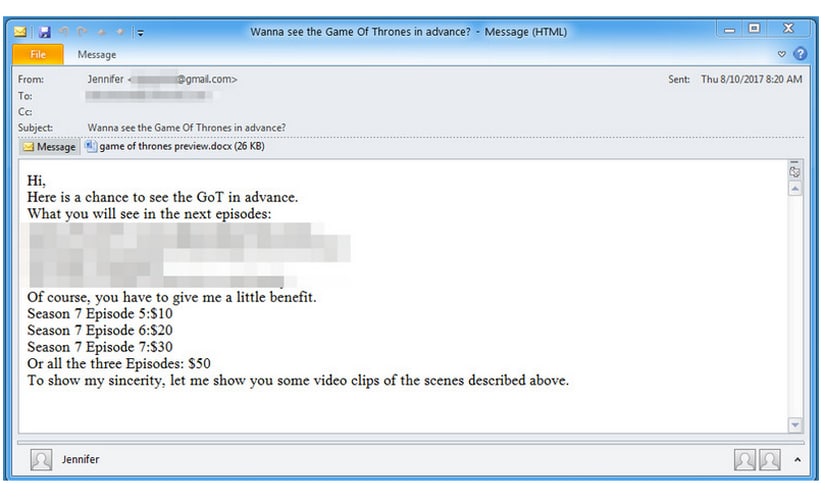 The malware housing email promising Game of Thrones episodes. Image: Proofpoint