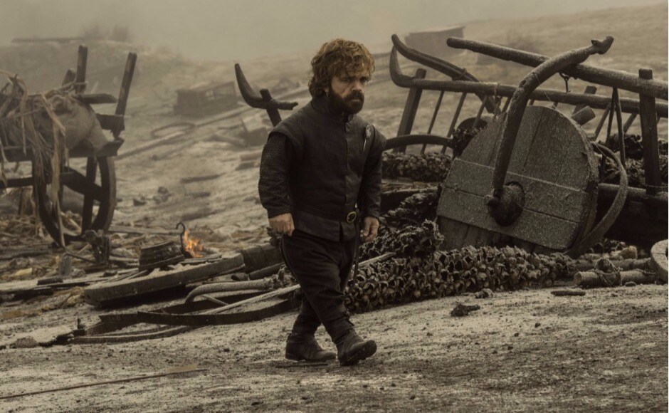 Meanwhile, Tyrion is walking through the ashes of the Tumbleton battlefield, where the Loot Train Attack took place in episode 4. Is he searching for Jaime? Image via HBO