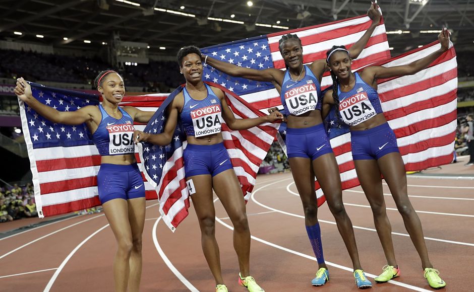 The gold medal winning US relay team, from left, Allyson Felix, Phyllis Francis, Quanera Hayes and Shakima Wimbley reclaimed the world title from Jamaica. Felix became the most celebrated athlete in Championships history by winning her 11th gold and 16th medal overall. AP The gold medal winning US relay team, from left, Allyson Felix, Phyllis Francis, Quanera Hayes and Shakima Wimbley reclaimed the world title from Jamaica. Felix became the most celebrated athlete in Championships history by winning her 11th gold and 16th medal overall. AP