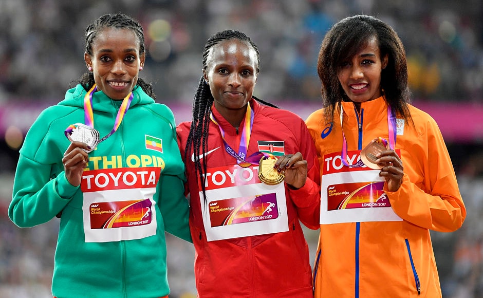 An astonishing last lap by Kenya's Hellen Onsando Obiri, centre, dashed Ethiopian Almaz Ayana's(L) dreams to win the 5000/10000m double. This was Obiri's first major title. Ayana won the silver while Netherlands' Sifan Hassan(R) claimed the bronze. AP An astonishing last lap by Kenya's Hellen Onsando Obiri, centre, dashed Ethiopian Almaz Ayana's(L) dreams to win the 5000/10000m double. This was Obiri's first major title. Ayana won the silver while Netherlands' Sifan Hassan(R) claimed the bronze. AP