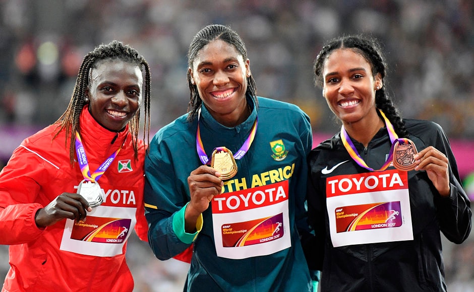 Reigning Olympic champion South Africa's Caster Semenya, centre, claimed another world title when she won the 800m event. Having won all the major world titles, Semenya has trained her focus on attempting to break the 34-year-old record of 1:53.28. While Burundi's Francine Niyonsaba(L) won the silver, United States' Ajee Wilson(R) captured the bronze. AP Reigning Olympic champion South Africa's Caster Semenya, centre, claimed another world title when she won the 800m event. Having won all the major world titles, Semenya has trained her focus on attempting to break the 34-year-old record of 1:53.28. While Burundi's Francine Niyonsaba(L) won the silver, United States' Ajee Wilson(R) captured the bronze. AP