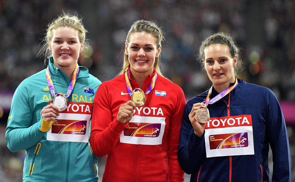 Double Olympic champion Croatia's Sandra Perkovic, centre, won her second world title in the discus throw event. Perkovic was the only athlete to have thrown over 70 metres at this year's Championships final. Australia's Dani Stevens(L) won the silver while France's Melina Robert-Michon(R) grabbed the bronze. AP Double Olympic champion Croatia's Sandra Perkovic, centre, won her second world title in the discus throw event. Perkovic was the only athlete to have thrown over 70 metres at this year's Championships final. Australia's Dani Stevens(L) won the silver while France's Melina Robert-Michon(R) grabbed the bronze. AP