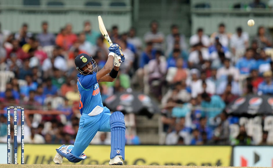 Hardik Pandya withered Australia's attack initially and once he was settled in he got into his own, milking the ball all around the ground. He smashed 83 off 66 balls including 5 sixes. AFP Hardik Pandya withered Australia's attack initially and once he was settled in he got into his own, milking the ball all around the ground. He smashed 83 off 66 balls including 5 sixes. AFP