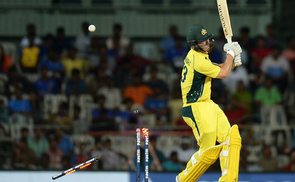 Australia's Hilton Cartwright didn't have the best of the starts to One Day international cricket as he was castled by Jasprit Bumrah for 1 . AFP Australia's Hilton Cartwright didn't have the best of the starts to One Day international cricket as he was castled by Jasprit Bumrah for 1 . AFP