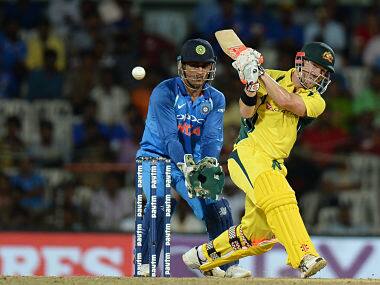 Australia’s David Warner plays a shot during the 1st ODI. AFP