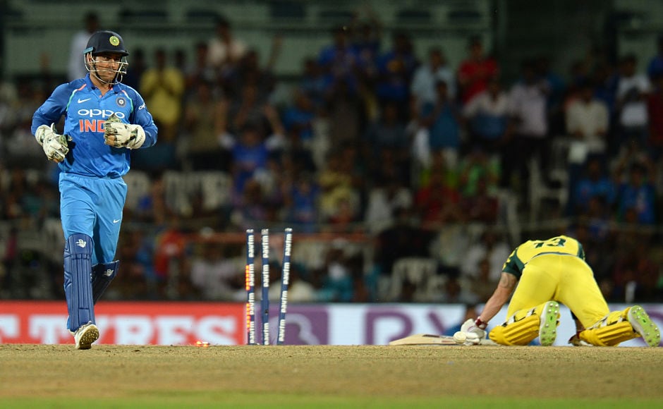 MS Dhoni continued his merry day behind the stumps as well. He stumped Australia's Matthew Wade off Yuzvendra Chahal's bowling. AFP MS Dhoni continued his merry day behind the stumps as well. He stumped Australia's Matthew Wade off Yuzvendra Chahal's bowling. AFP