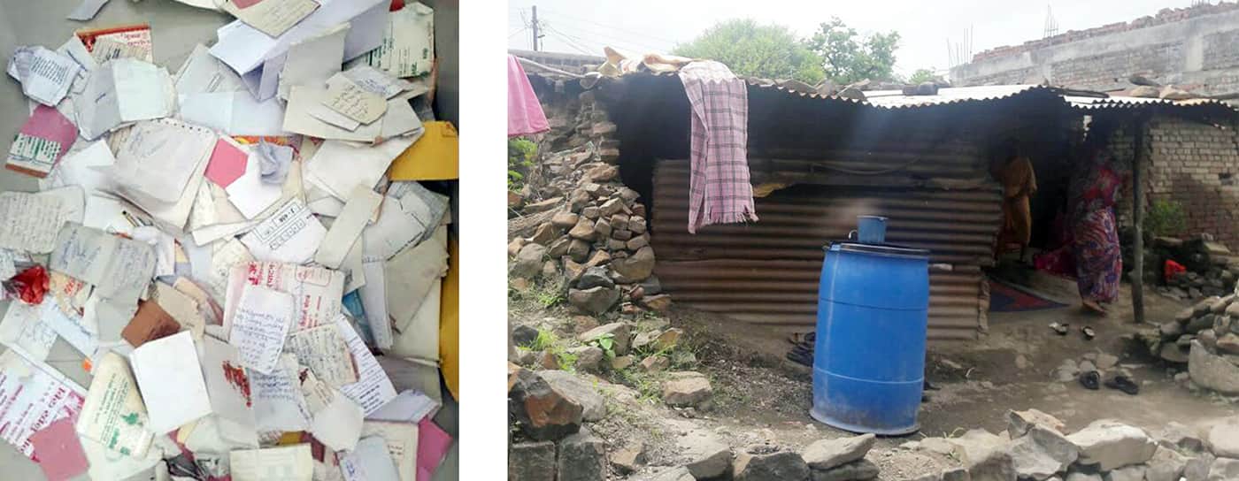 Left: Documents found at Pappu Madake’s house revealed the names of his 500-plus debtors; one of them was Sunil Mutkule. Right: Sunil’s house in Moha village. Image courtesy: Parth MN