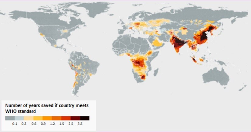 The AQLI uses concentrations of PM2.5 to estimate how many years a country would add to the life expectancy of its people by adhering to the WHO’s air quality standard of 10 μg/m3. Source: University of Chicago