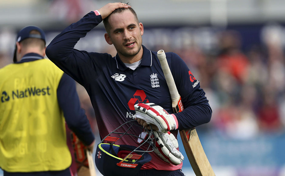 West Indies won the toss and decided to field. Here, Alex Hales is dismissed with the score at 73 after Jonny Bairstow fell for 13. AP West Indies won the toss and decided to field. Here, Alex Hales is dismissed with the score at 73 after Jonny Bairstow fell for 13. AP