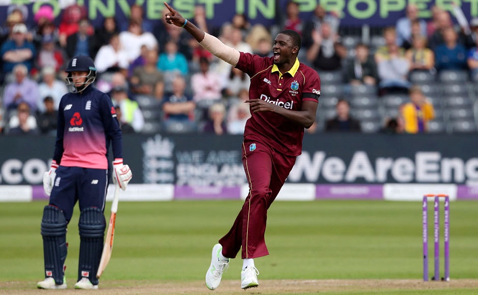 West Indies' Jason Holder celebrates after taking the wicket of England's Eoin Morgan, who continued his bad string of scores in the series. AP West Indies' Jason Holder celebrates after taking the wicket of England's Eoin Morgan, who continued his bad string of scores in the series. AP
