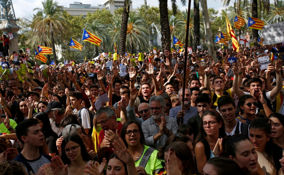 As the word about the arrests spread, the Catalan National Assembly urged people to gather at noon Thursday outside the region's justice tribunal to voice their demands. AP As the word about the arrests spread, the Catalan National Assembly urged people to gather at noon Thursday outside the region's justice tribunal to voice their demands. AP