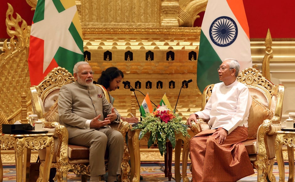 This is Modi's first bilateral visit to India's eastern neighbour. He had visited Myanmar in 2014 to attend the Association of Southeast Asian Nations (ASEAN)-India Summit. Myanmar's president Htin Kyaw, speaking to Modi during their meeting at the Presidential Palace. AP This is Modi's first bilateral visit to India's eastern neighbour. He had visited Myanmar in 2014 to attend the Association of Southeast Asian Nations (ASEAN)-India Summit. Myanmar's president Htin Kyaw, speaking to Modi during their meeting at the Presidential Palace. AP