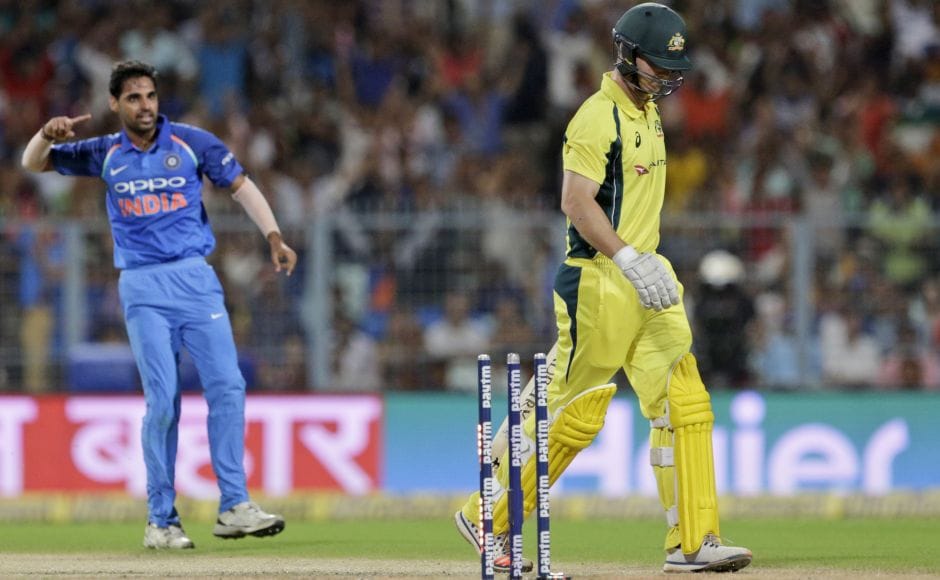 Under lights, Bhuvneshwar Kumar (3-9) used the new ball to dismiss both openers and reduce them to 9-2 in the fifth over. Hilton Cartwright (1) was bowled, and David Warner (1) was caught at second slip. AP Under lights, Bhuvneshwar Kumar (3-9) used the new ball to dismiss both openers and reduce them to 9-2 in the fifth over. Hilton Cartwright (1) was bowled, and David Warner (1) was caught at second slip. AP