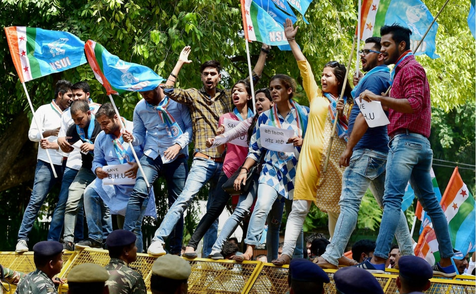 The protesters criticised Prime Minister Narendra Modi and Uttar Pradesh chief minister Yogi Adityanath for failing to protect female students during the clashes at BHU. PTI The protesters criticised Prime Minister Narendra Modi and Uttar Pradesh chief minister Yogi Adityanath for failing to protect female students during the clashes at BHU. PTI