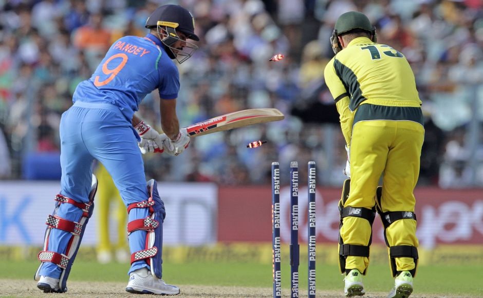 Manish Pandey was bowled cheaply by Ashton Agar and Kedar Jadhav joined Kohli in the middle. They put on 55 for the fourth wicket but Australia was exerted great control over the run rate. AP Manish Pandey was bowled cheaply by Ashton Agar and Kedar Jadhav joined Kohli in the middle. They put on 55 for the fourth wicket but Australia was exerted great control over the run rate. AP