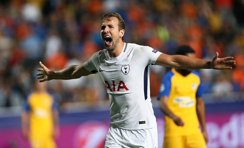 Tottenham's Harry Kane celebrate his second goal against APOEL during the Champions League Group H soccer match between APOEL Nicosia and Tottenham Hotspur at GSP stadium, in Nicosia, Cyprus, on Tuesday, Sept. 26, 2017. (AP Photo/Petros Karadjias)