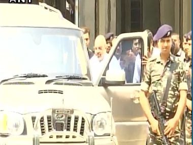 Amit Shah leaves after appearing before a sessions court in Ahmedabad as Maya Kodnani's witness in 2002 Naroda Gaam riots case. Twitter/@ANI