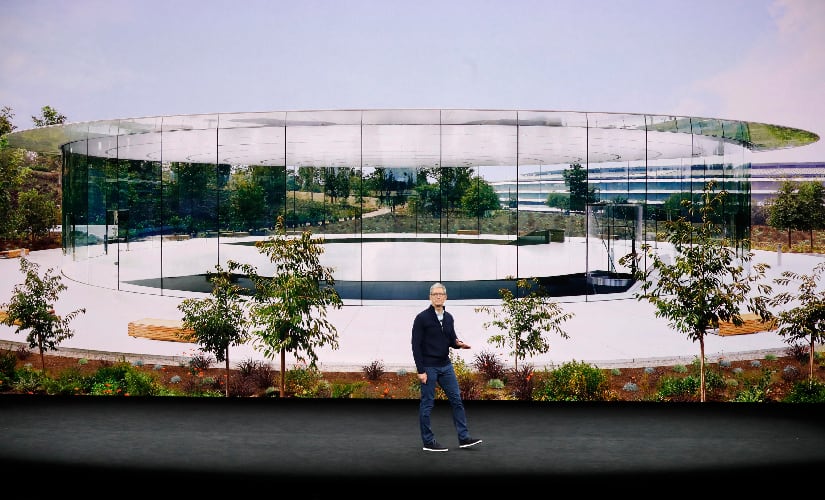 Tim Cook, CEO of Apple showed images of the Apple Park Campus and Steve Jobs Exhibition area during a product launch event in Cupertino, California. Image Credit: Reuters