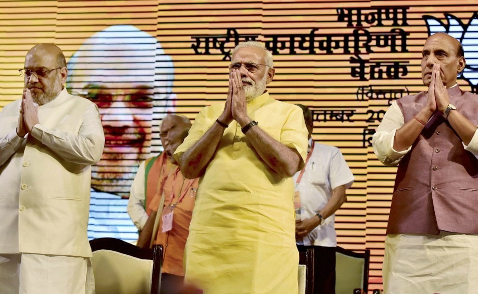 BJP president Amit Shah takes stock of the party's performance at its national executive meeting in New Delhi on Monday that will conclude with Prime Minister Narendra Modi's address. PTI BJP president Amit Shah takes stock of the party's performance at its national executive meeting in New Delhi on Monday that will conclude with Prime Minister Narendra Modi's address. PTI