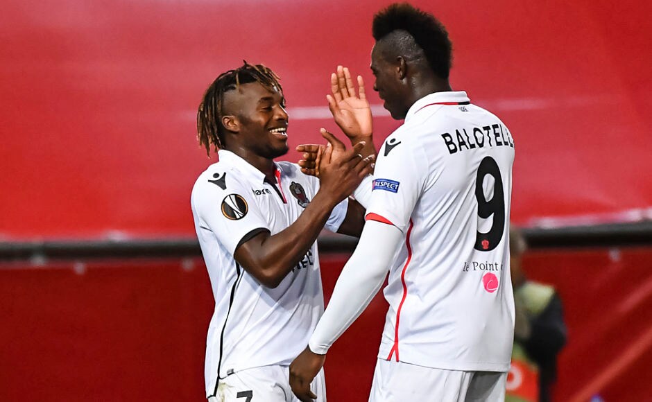 Allan Saint-Maximin (left) and Mario Balotelli both were on target for Nice in their Europa League Group K match against Zulte Waregem. Nice won 5-1 against the Belgian side. AP Allan Saint-Maximin (left) and Mario Balotelli both were on target for Nice in their Europa League Group K match against Zulte Waregem. Nice won 5-1 against the Belgian side. AP