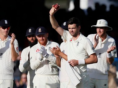 England’s James Anderson celebrates taking his 500th Test wicket on the second day of the third test match between England and the West Indies at Lord’s cricket ground. AP