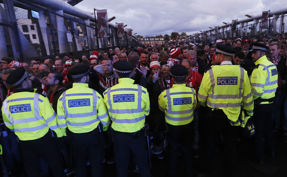 Arsenal opening Europa League Group H fixture against Germany's FC Cologne was delayed after 20,000 Cologne turned up at the Emirates, way beyond the German club's allocated tickets. AP Arsenal opening Europa League Group H fixture against Germany's FC Cologne was delayed after 20,000 Cologne turned up at the Emirates, way beyond the German club's allocated tickets. AP