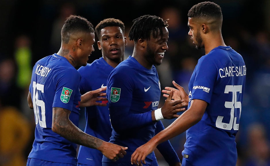 Michy Batshuayi scored his first hat-trick for Chelsea while Kenedy scored in his first start for Chelsea after being sent back from the pre-season tour for posting racist comments on social media. AP Michy Batshuayi scored his first hat-trick for Chelsea while Kenedy scored in his first start for Chelsea after being sent back from the pre-season tour for posting racist comments on social media. AP