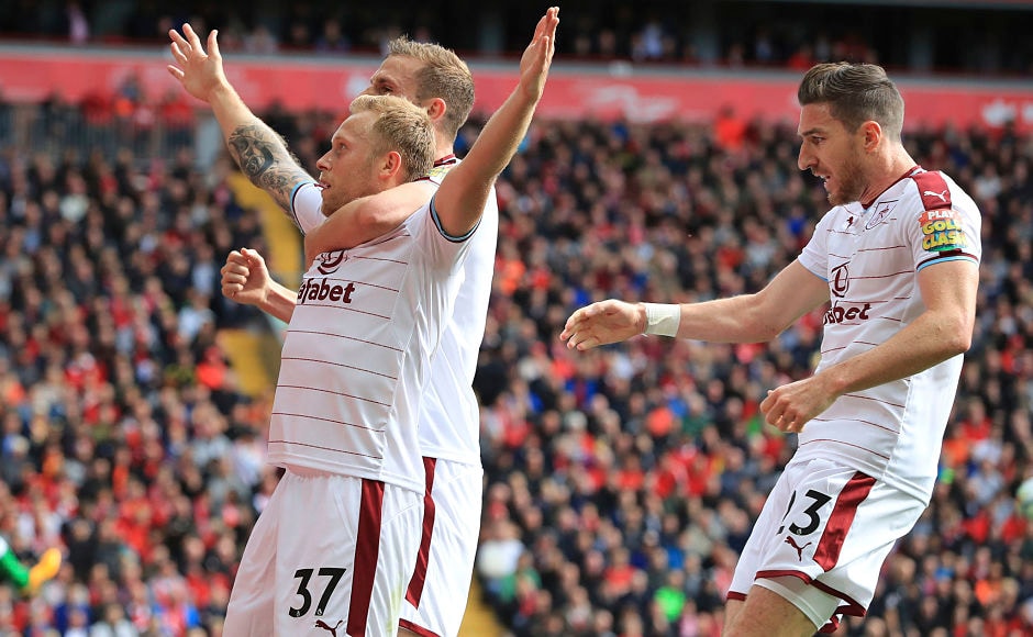 Scott Arfield gave Burnley a shock lead over Liverpool at Anfield. AP Scott Arfield gave Burnley a shock lead over Liverpool at Anfield. AP