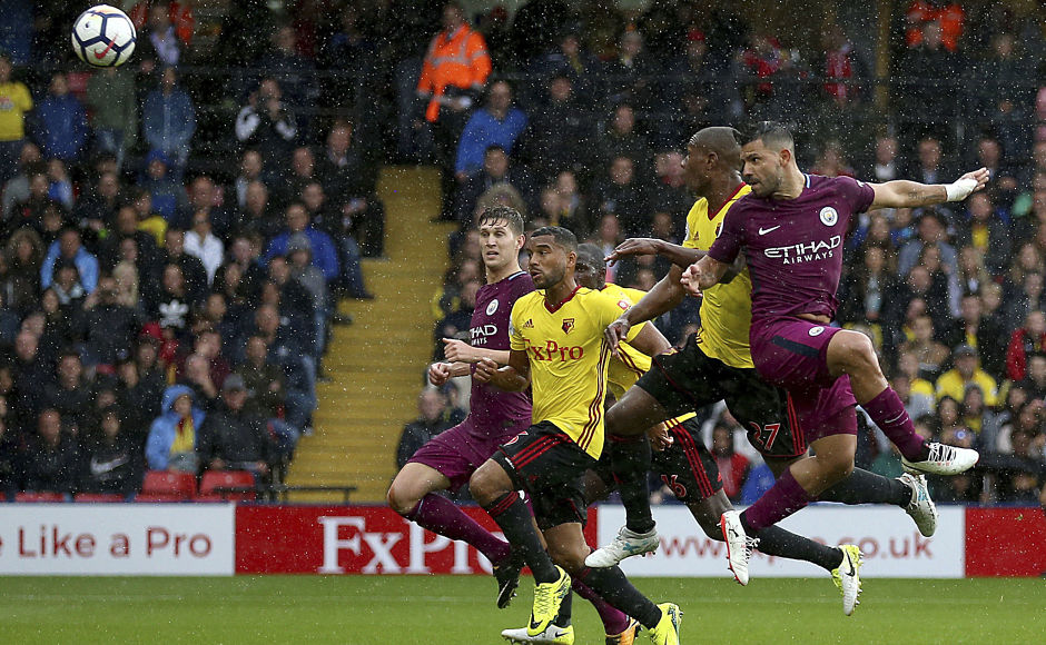 Aguero opened the scoring for Manchester City with a header off Kevin De Bruyne's free kick. AP Aguero opened the scoring for Manchester City with a header off Kevin De Bruyne's free kick. AP